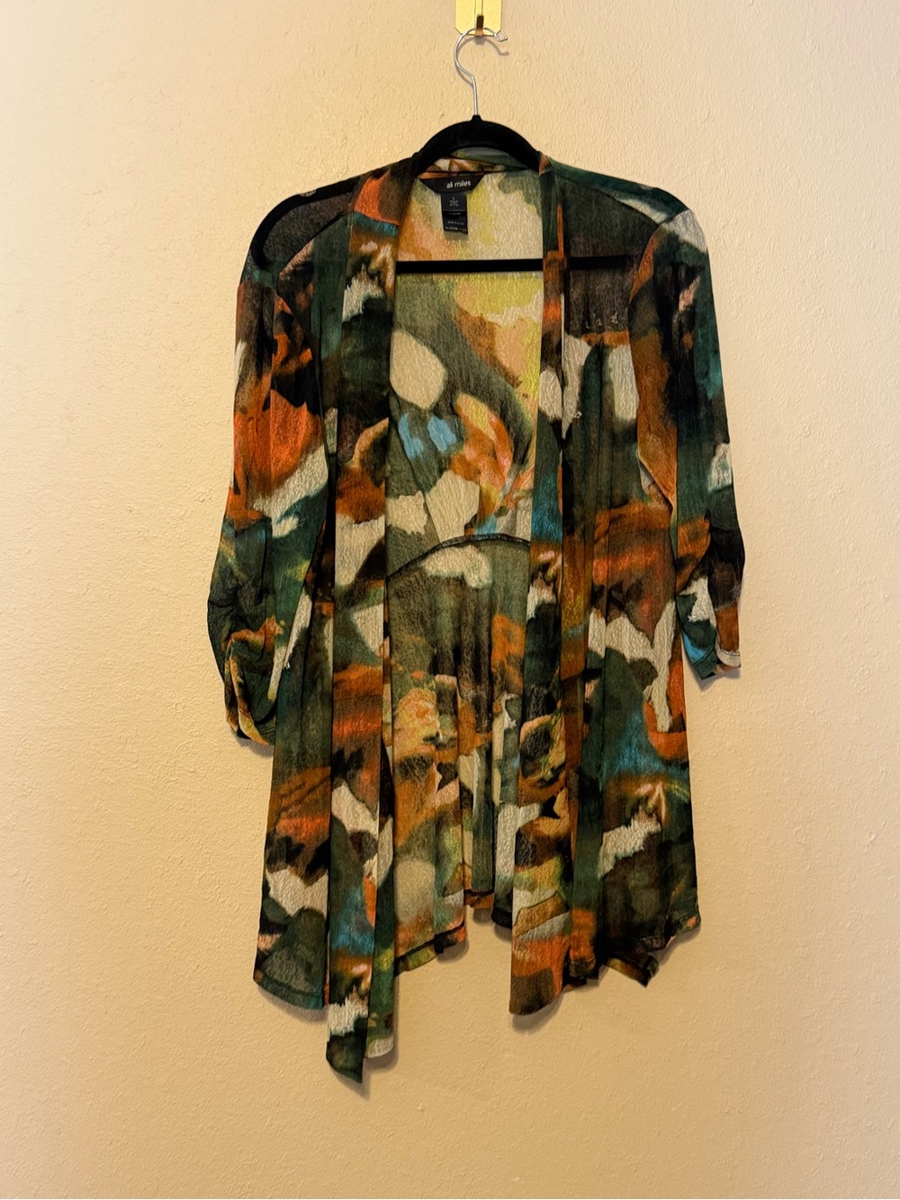 Ali Miles Abstract Mesh Open Front Cardigan Artsy Sheer Layered Size Large
